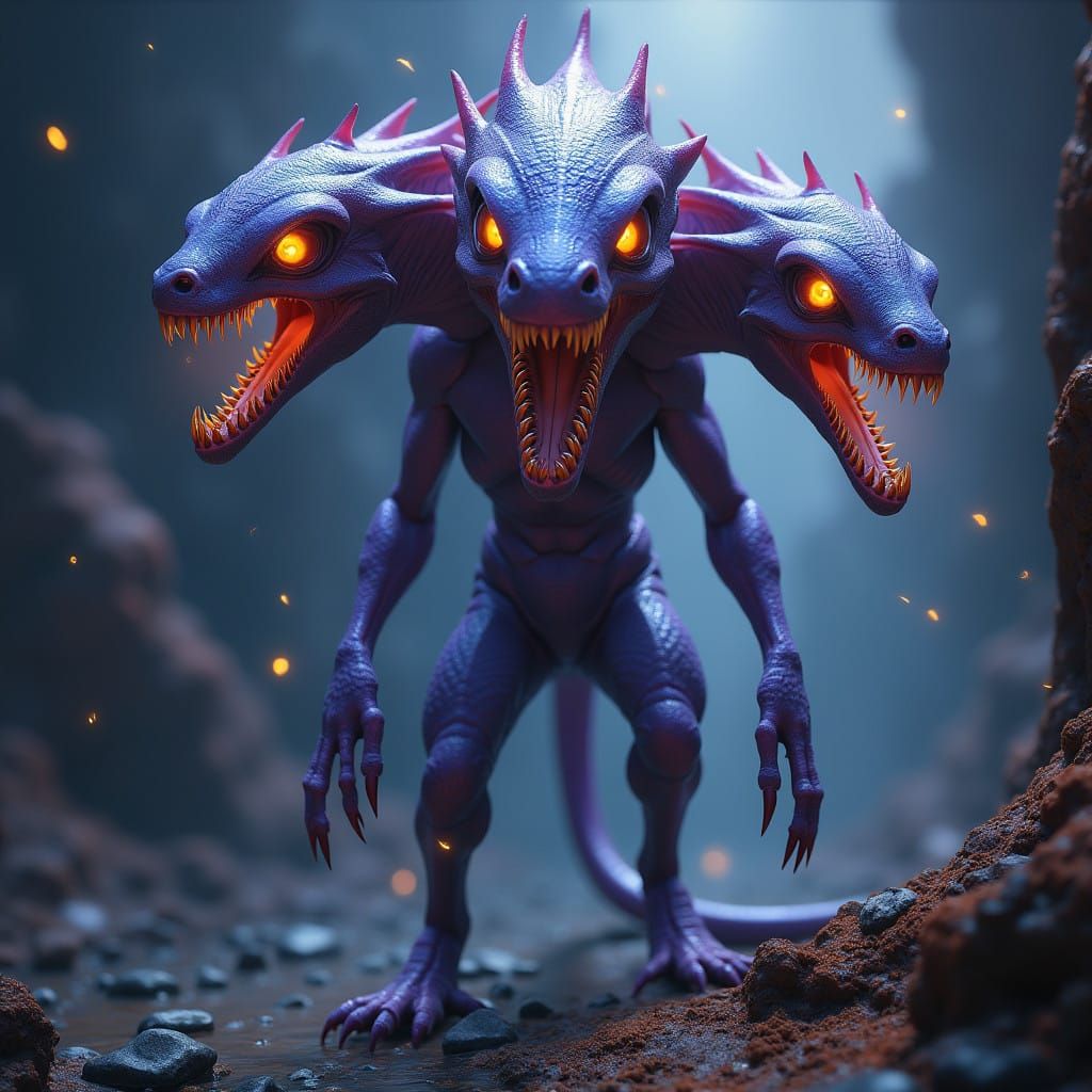 Majestic Three-Headed Humanoid with Iridescent Scales and Gl...