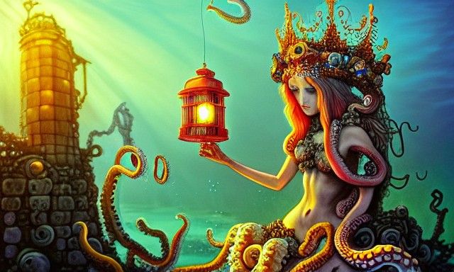 Octopus Queen with Lantern Underwater