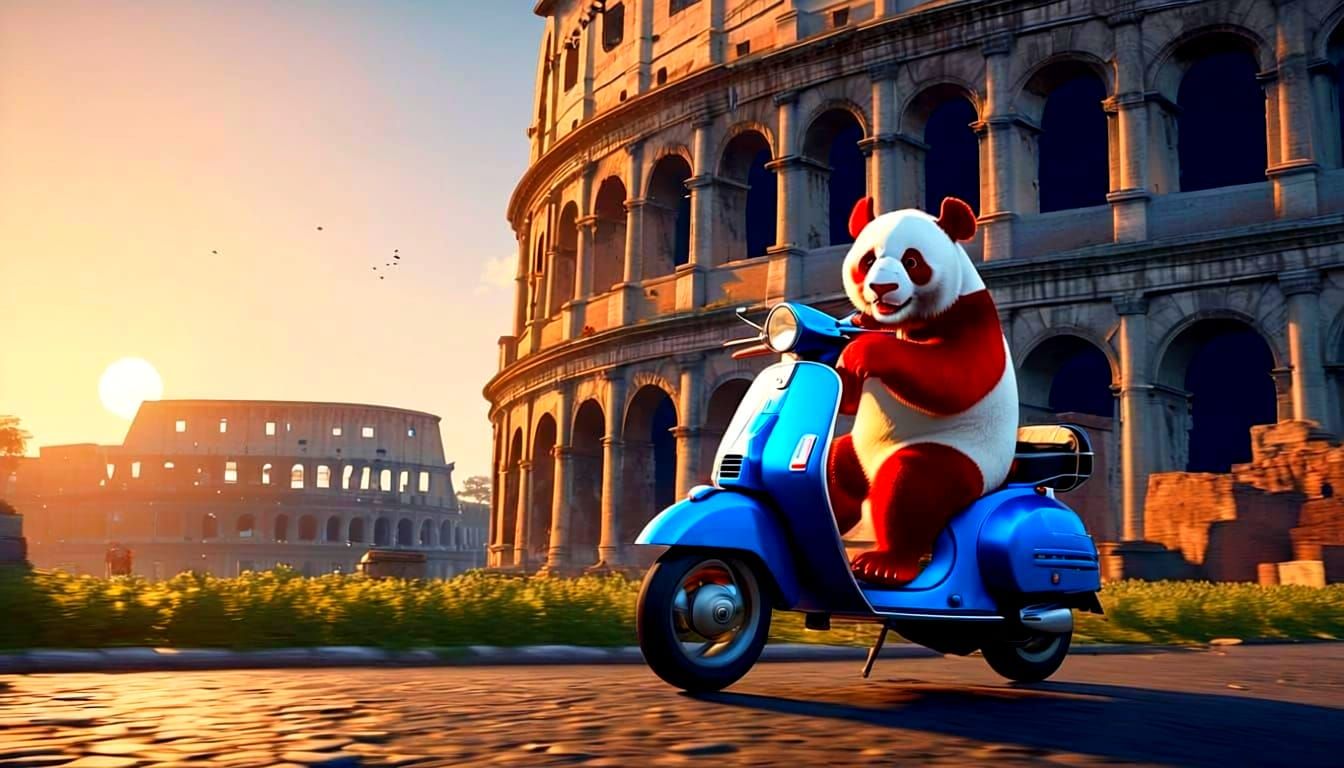 Panda Rides Vespa in Rome at Sunset