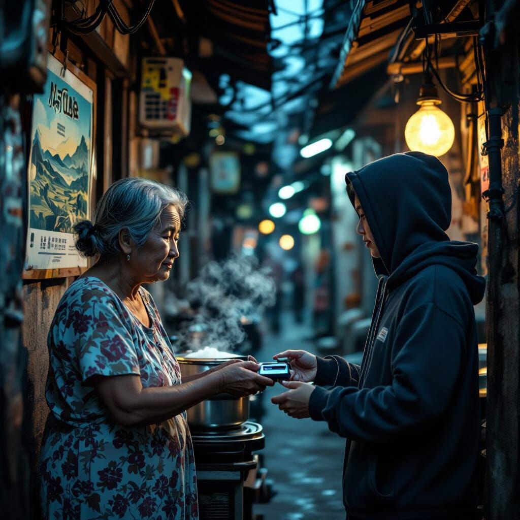 Friendly Elder Hands Over USB Drive in Warung