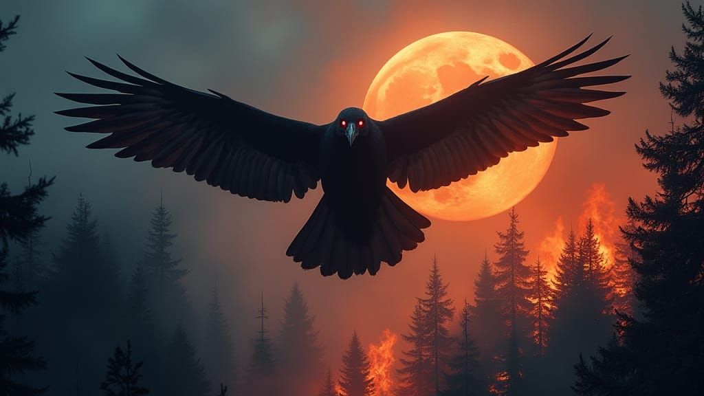Majestic Raven Soars Over Burning Forest in Fiery Splendor