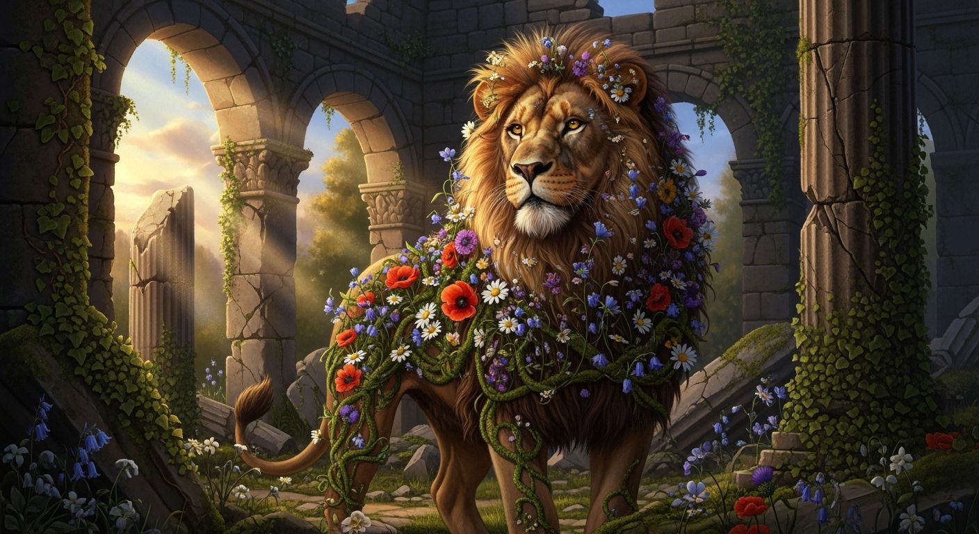 Majestic Lion King in Ancient Temple Ruins