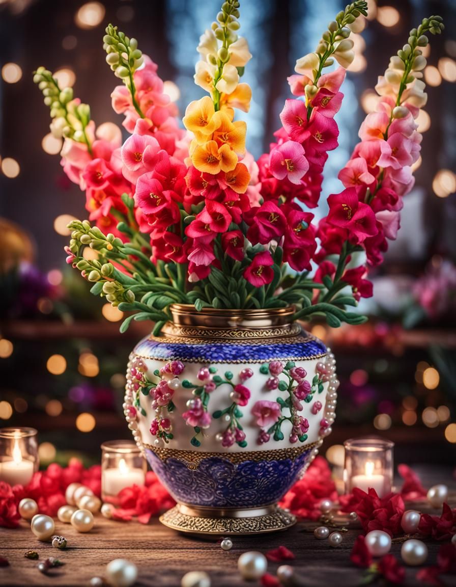 Luxury Vase with Flowers, Pearls and Jewels