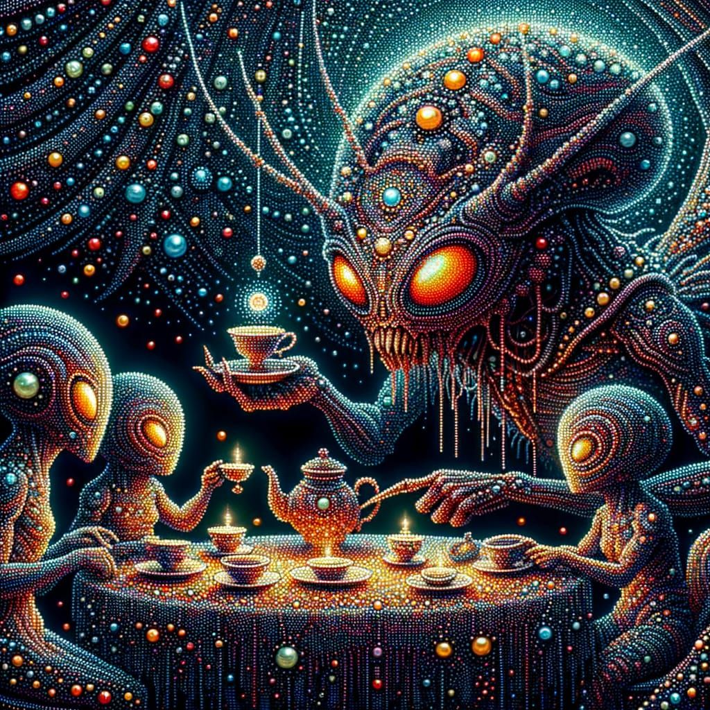 Surreal Beaded Alien Tea Party: A Psychedelic Image