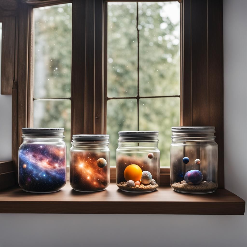 Galaxies in Jars on Window Shelf