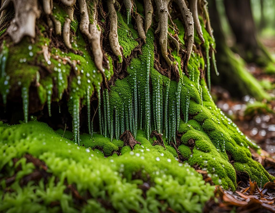 Dew Drops on Mossy Oak Roots