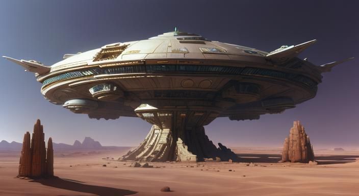 Spaceship Lands on Desert Planet with Ivory Statues