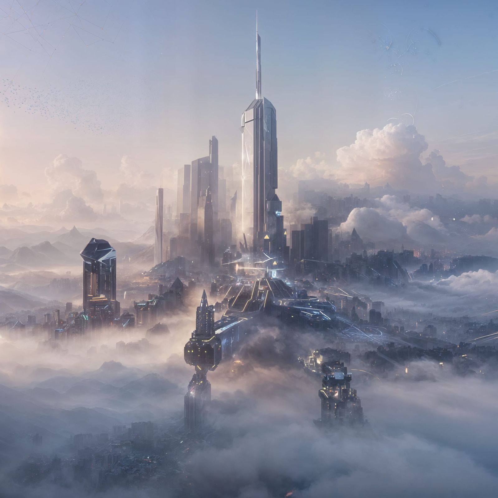 Glowing Geometric Cityscape at Dawn in Smooth Animation Styl...