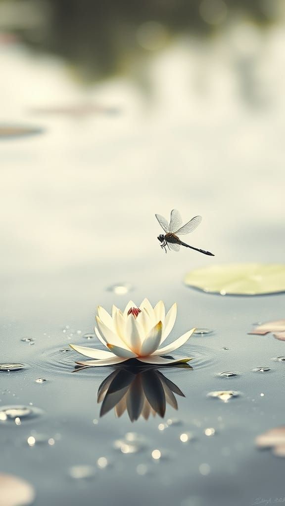 Dragonfly Over Water Lily in Realistic Charcoal