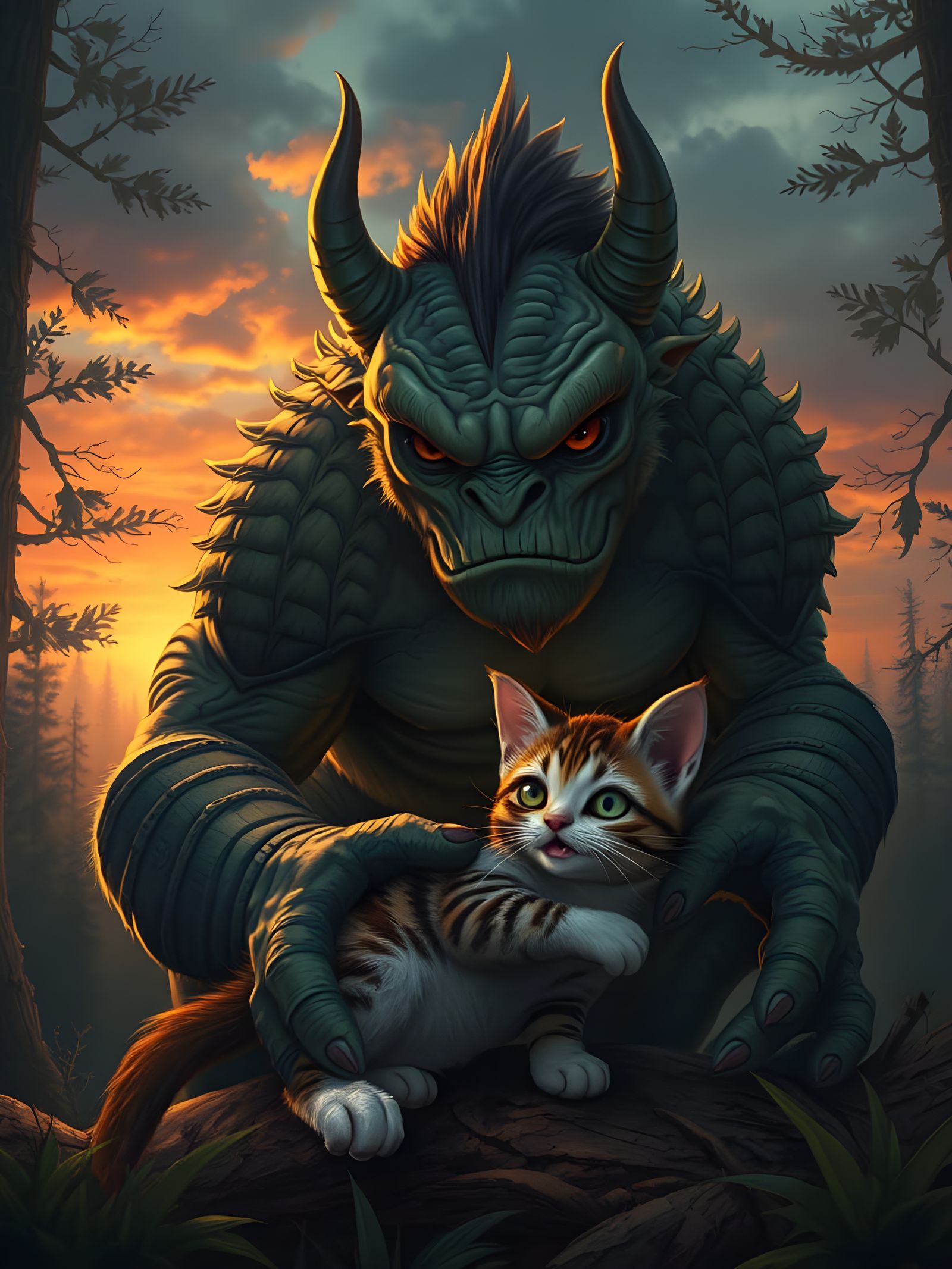 Ogre and Kitten in Sunset Forest