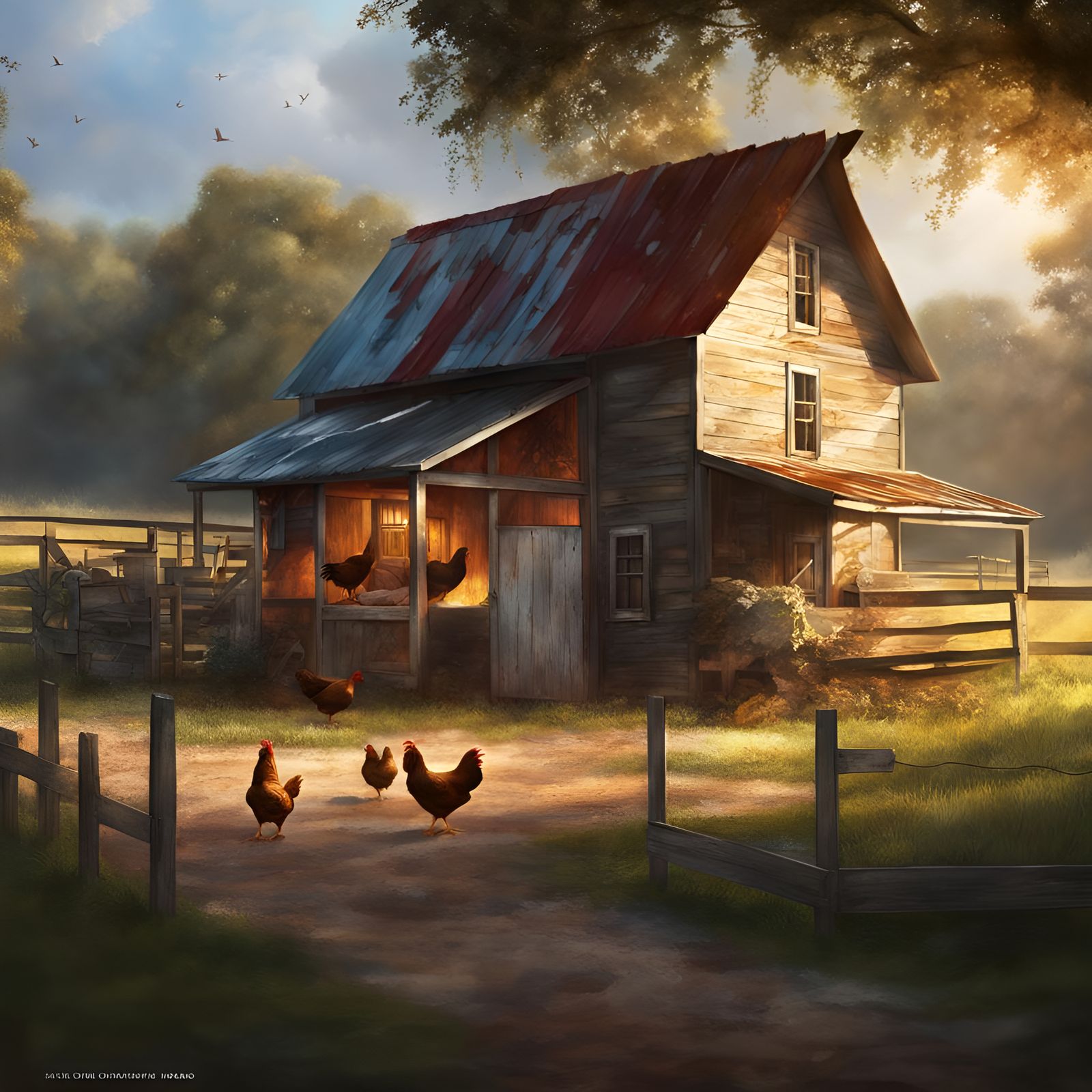 Southern country small farm chickenhouse, Hyperrealistic, splash art, concept art, mid shot, intricately detailed, color...
