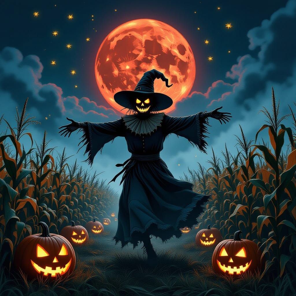 Skeletal Scarecrow Dances Under Blood Moon at Haunted Festiv...