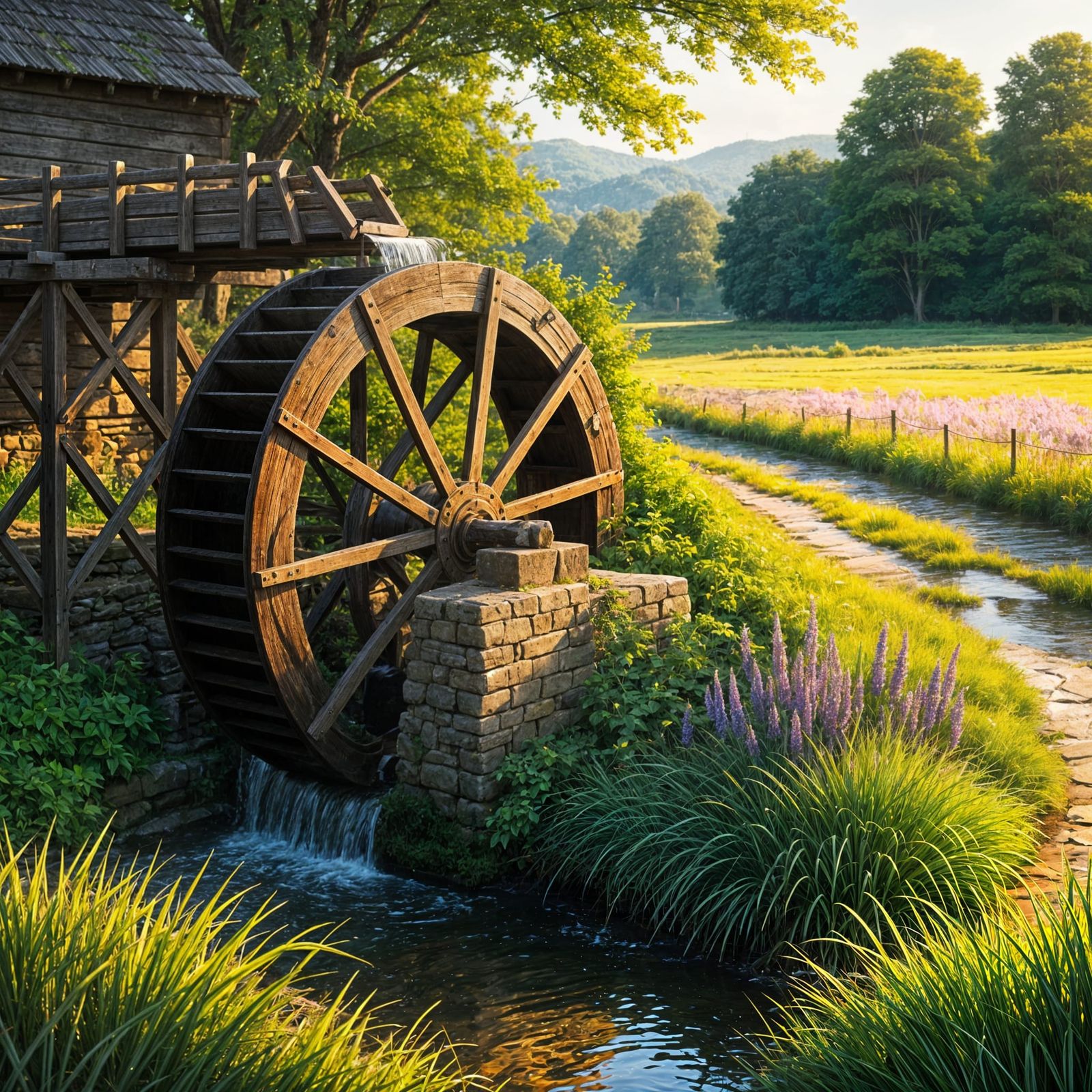 Peaceful Countryside Waterwheel Scene in a Traditional Setti...