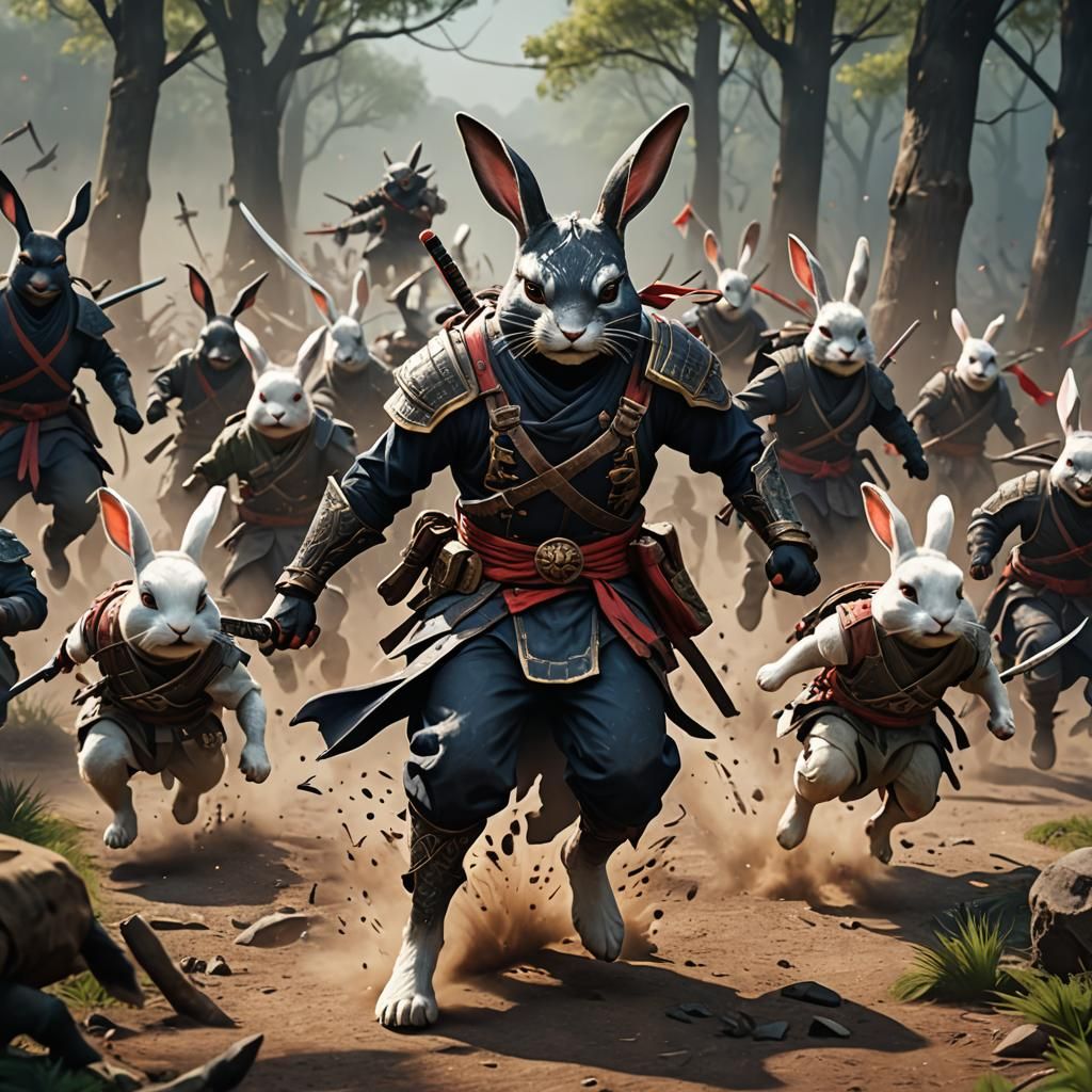 Ninja Rabbits Charging Through Army: Fantasy Concept Art