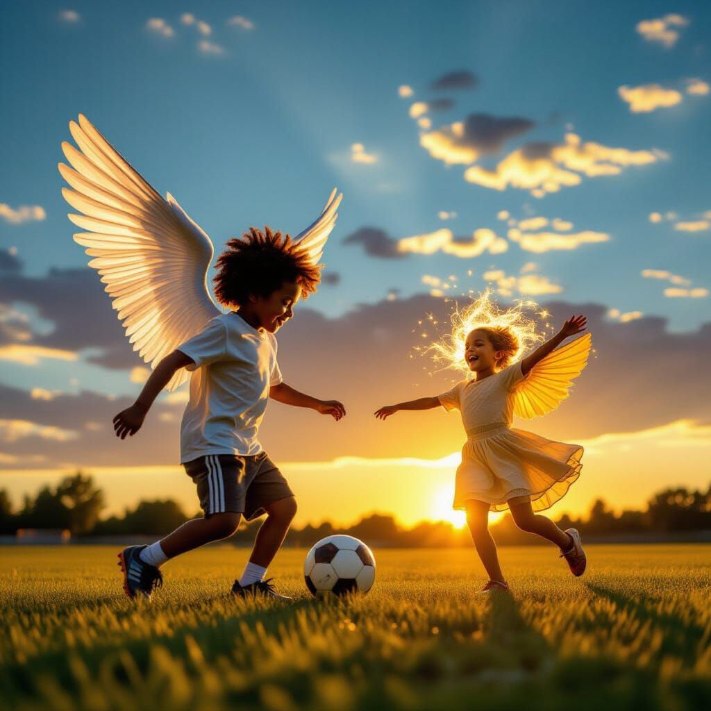 Winged Boy Plays Soccer With Dancing Durum Under Sunset