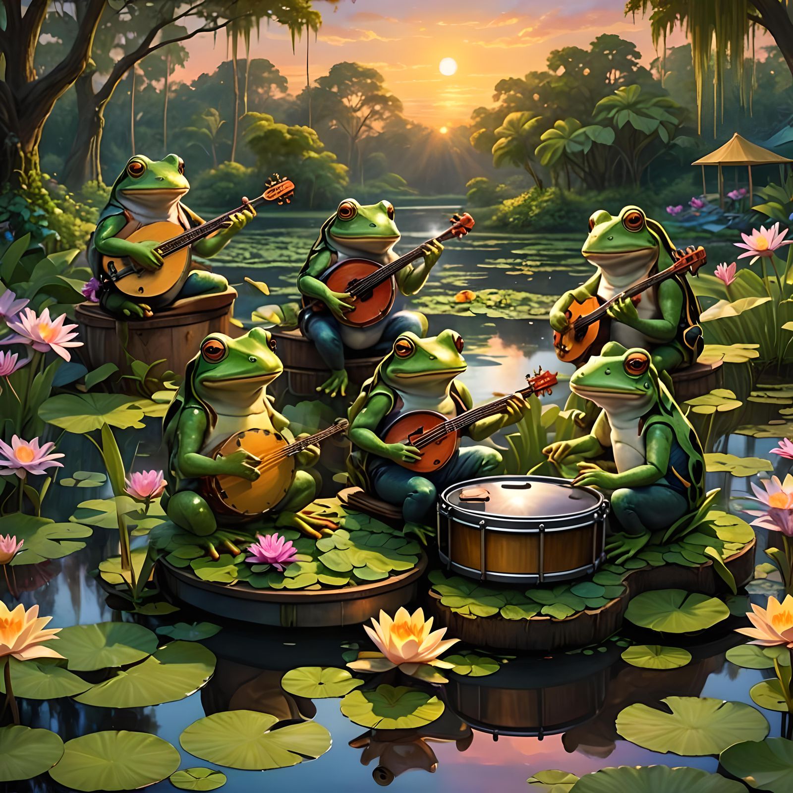 Frog Musicians Perform in Bayou at Sunset