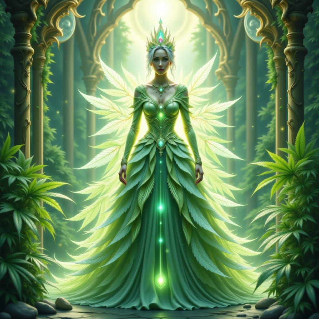 Futuristic Priestess in Cannabis Couture, Digital Painting