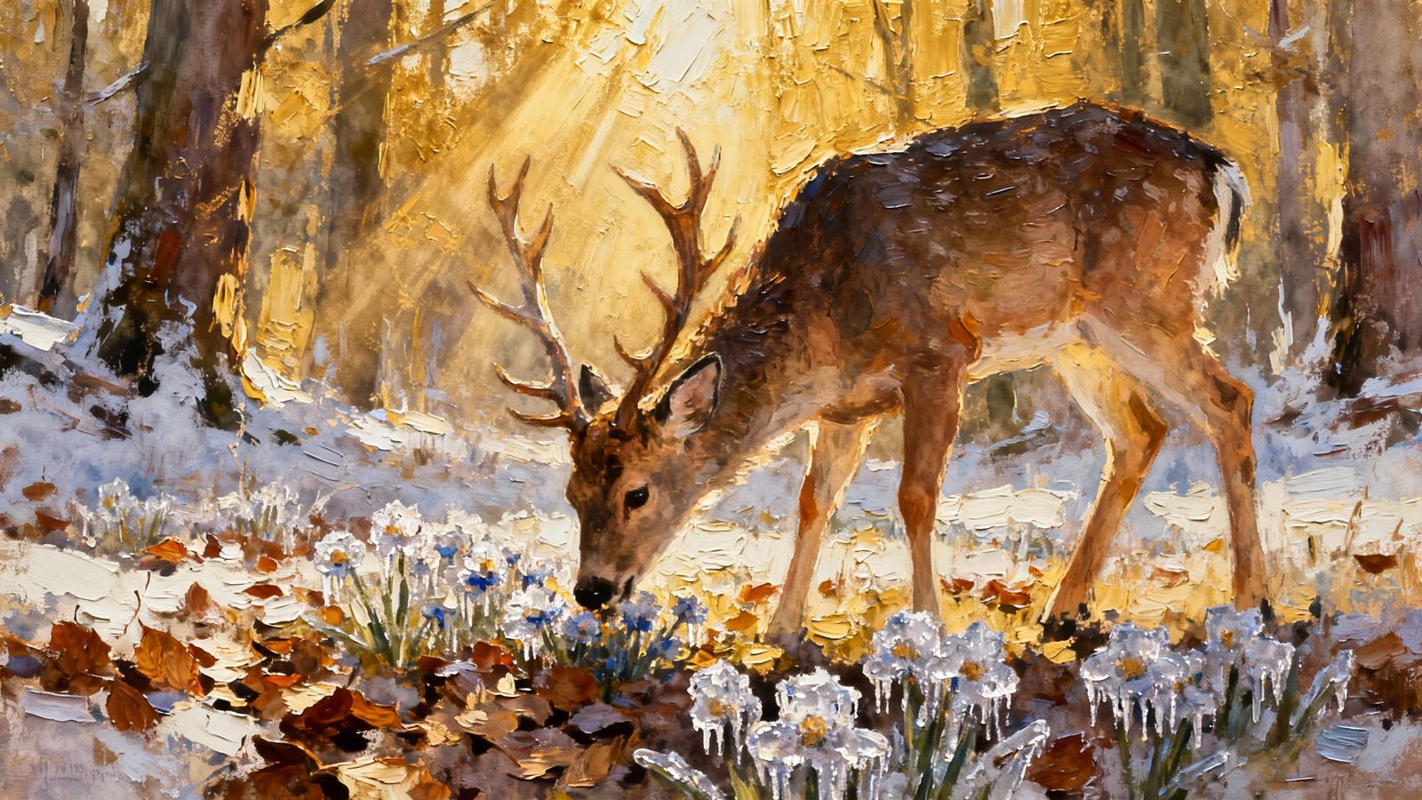 Deer Grazing in Sunlit Forest, Impasto Style