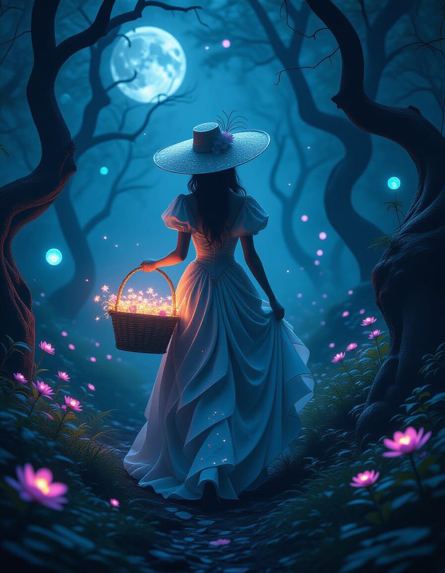 Surreal Woman in Moonlit Forest with Neon Flowers
