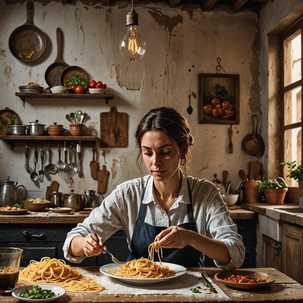 Italian Woman Eating Spaghetti in Fauvist Style