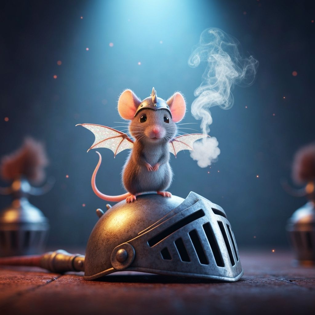 Tiny Dragon Mouse on Knight's Helmet in Fantasy Style