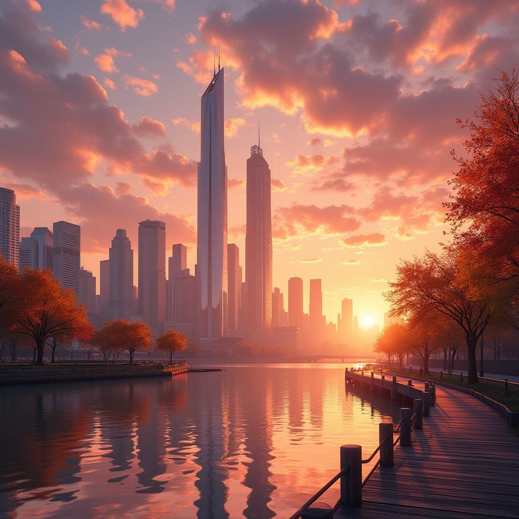 Vibrant Cityscape at Sunset in Futuristic Style