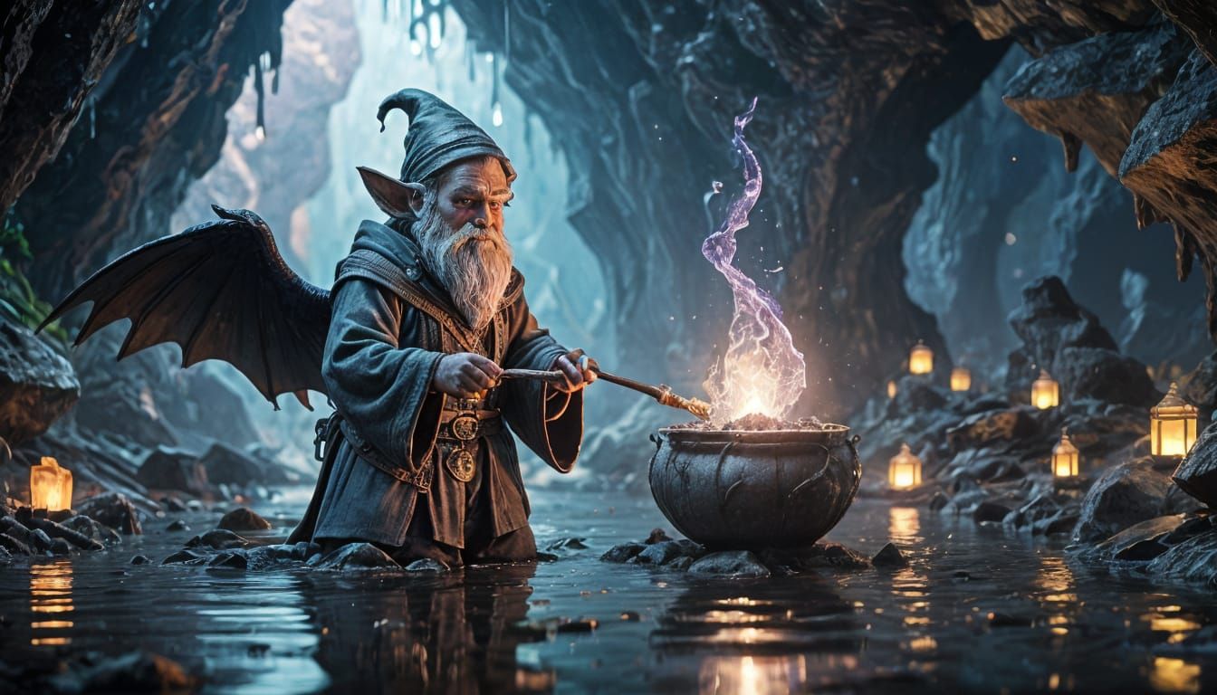 Gnome Alchemist in Gemstone Robes Over Bubbling Cauldron