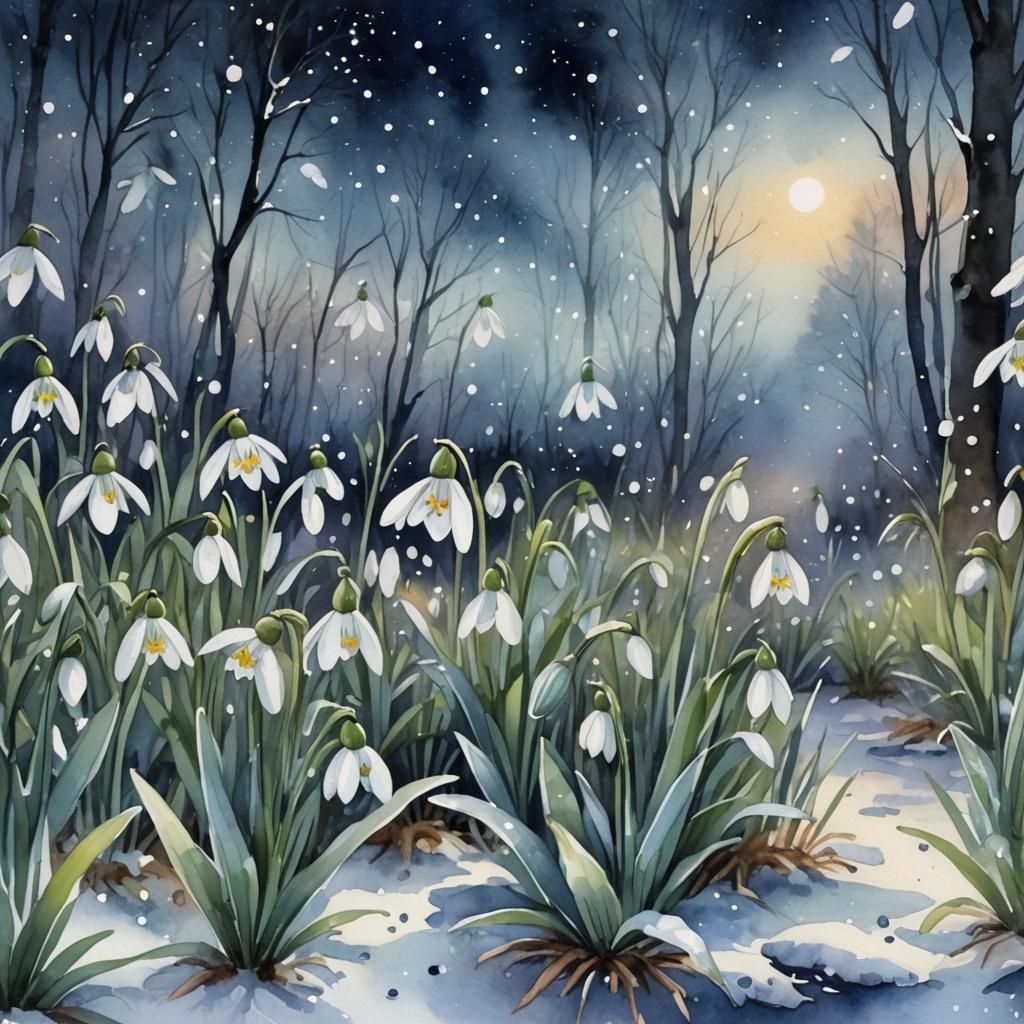 Glowing Snowdrops in Snowy Forest Clearing