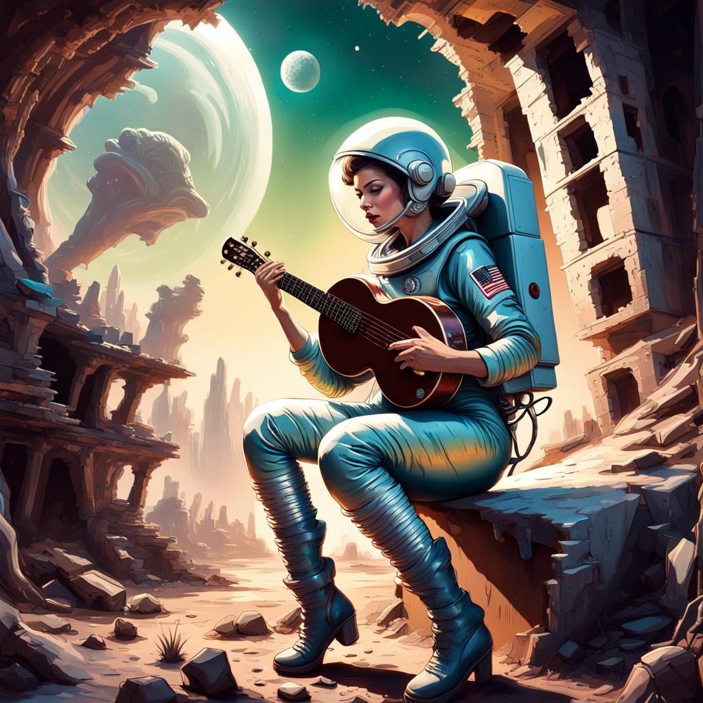 Retro Space Girl Plays Banjo in Alien Ruins
