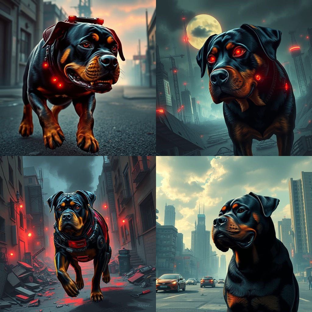 Cyberpunk Rottweiler Runs Through Apocalypse Scene