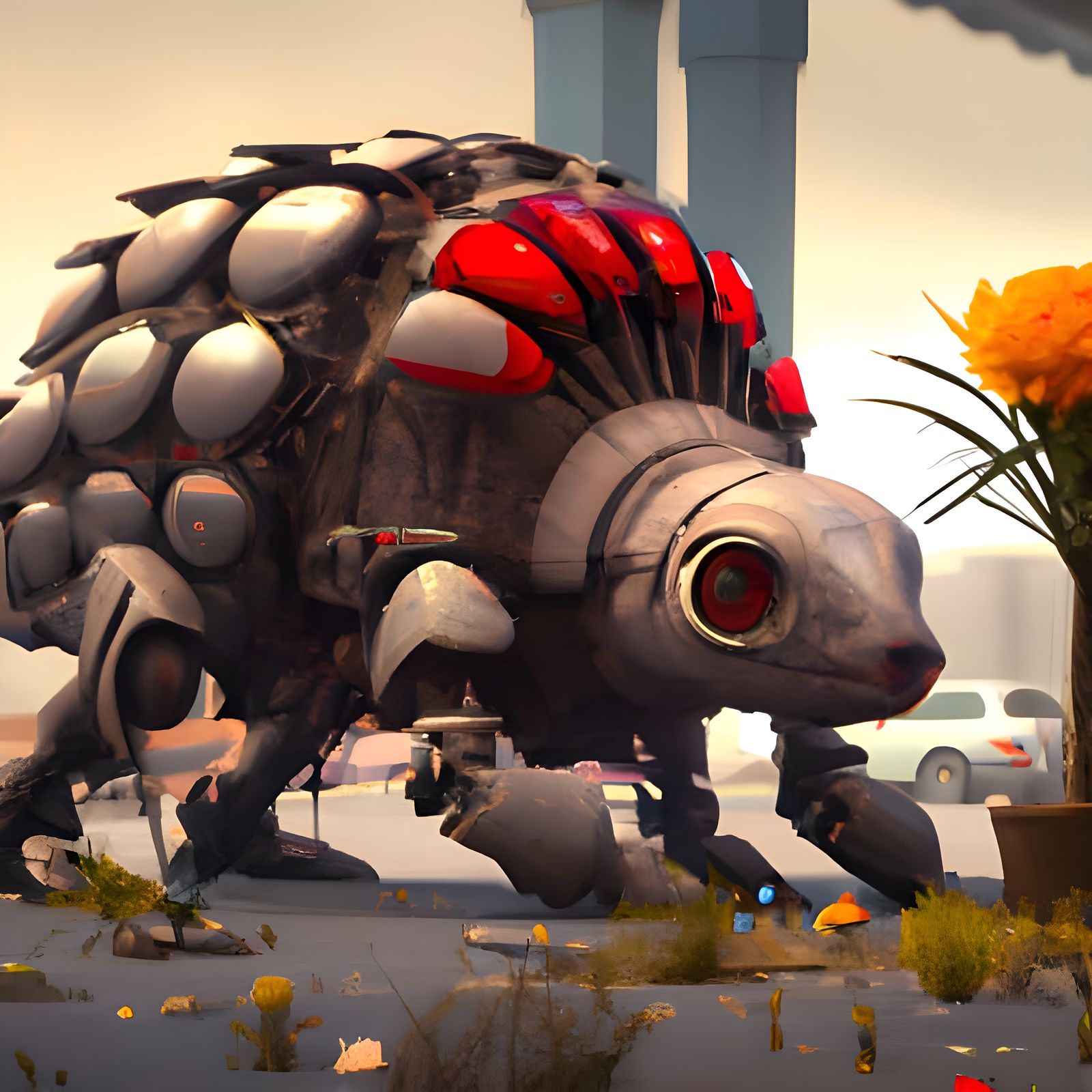 Armored Vehicle Pauses for Flower, Dark Fantasy Art