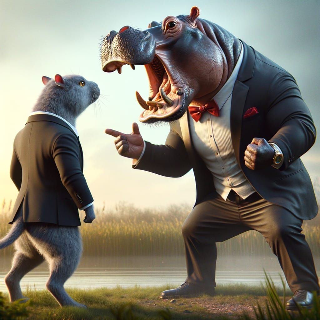 Angry Hippo in Tuxedo Arguing, as Detailed Matte Painting