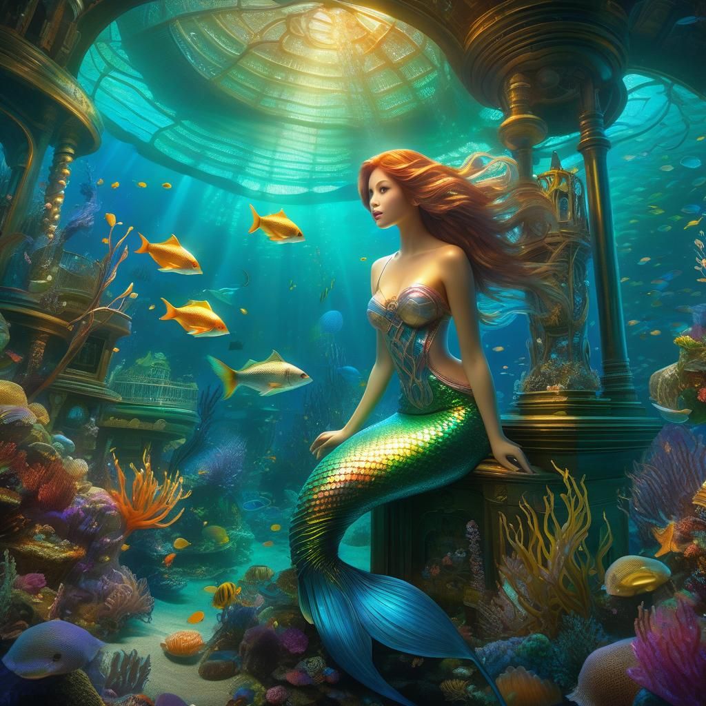 Glittery Mermaid in Underwater Home with Sea Creatures