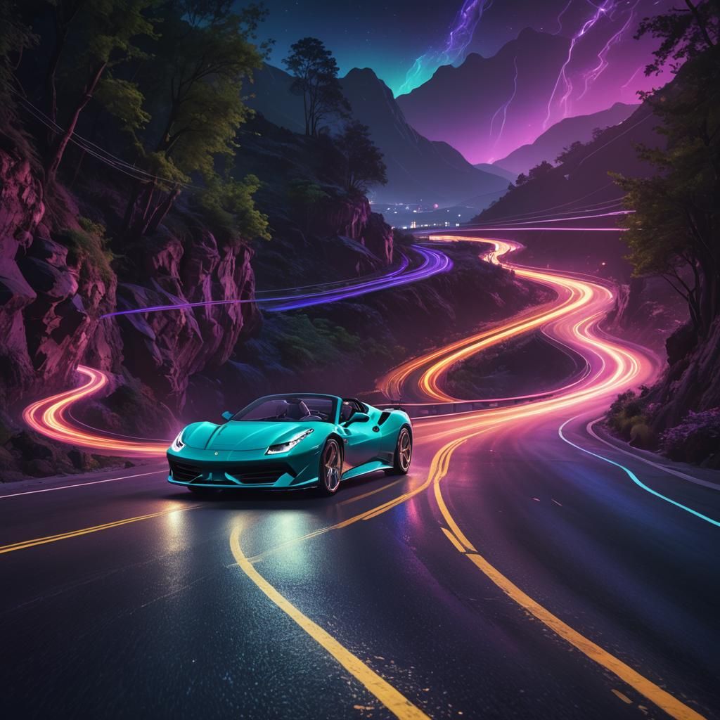 Blue Ferrari Speeding at Night in Sci-Fi Style