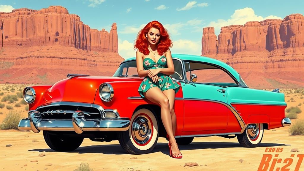 Retro Pin-Up Girl with Red Car in Desert