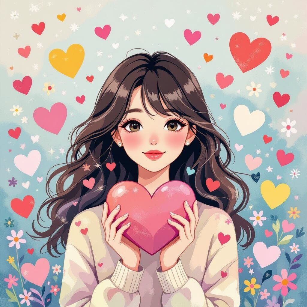 Woman Surrounded by Hearts in Surreal Pop Art Style