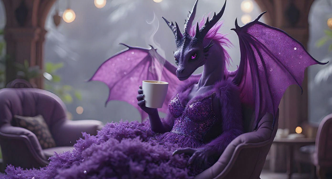 Purple Dragon Lounging in Magical Cafe