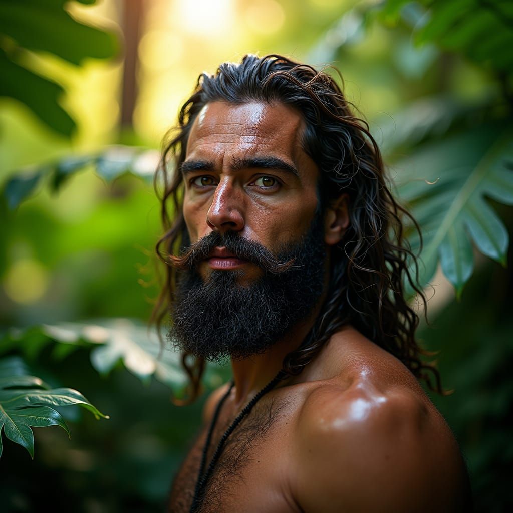 Broodingly Handsome Man in Rainforest, Hyperrealistic Portra...