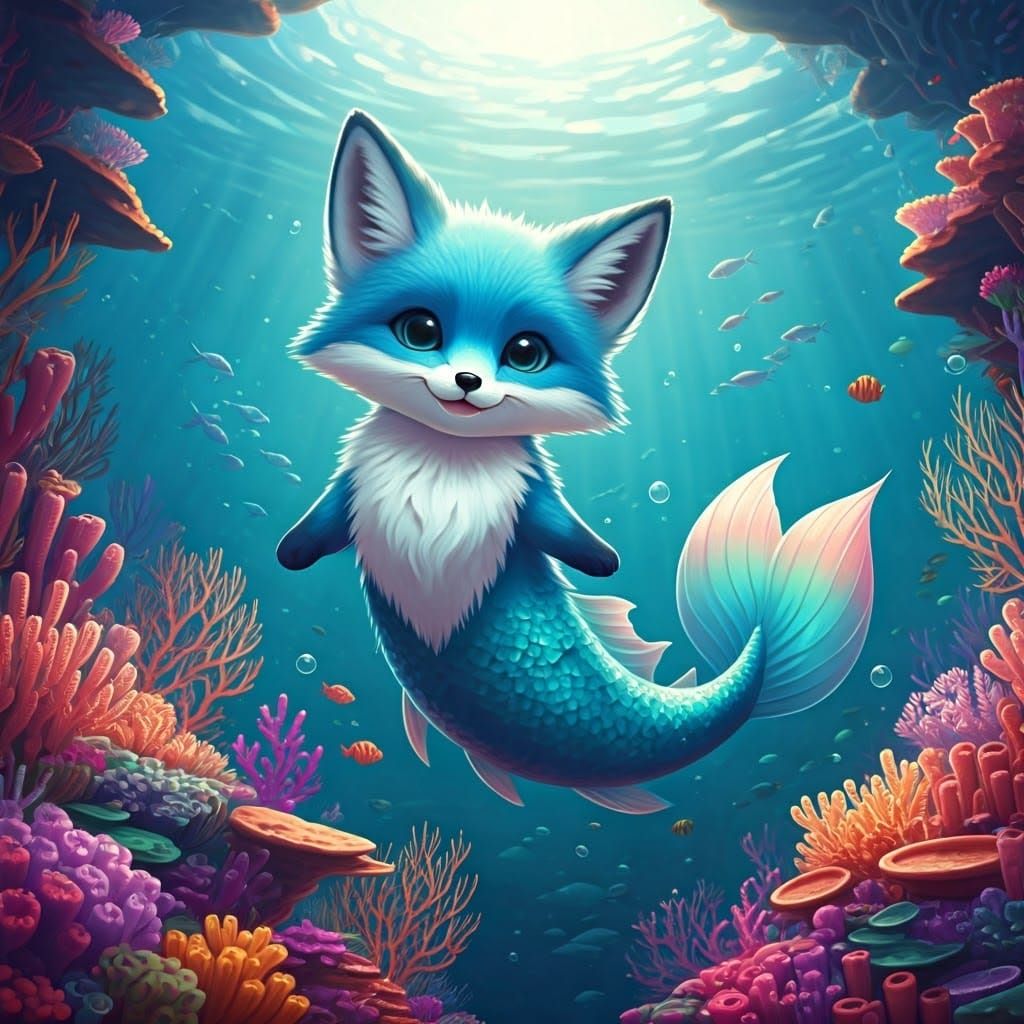 Whimsical Underwater Scene with Mermaids and a Playful Merfo...