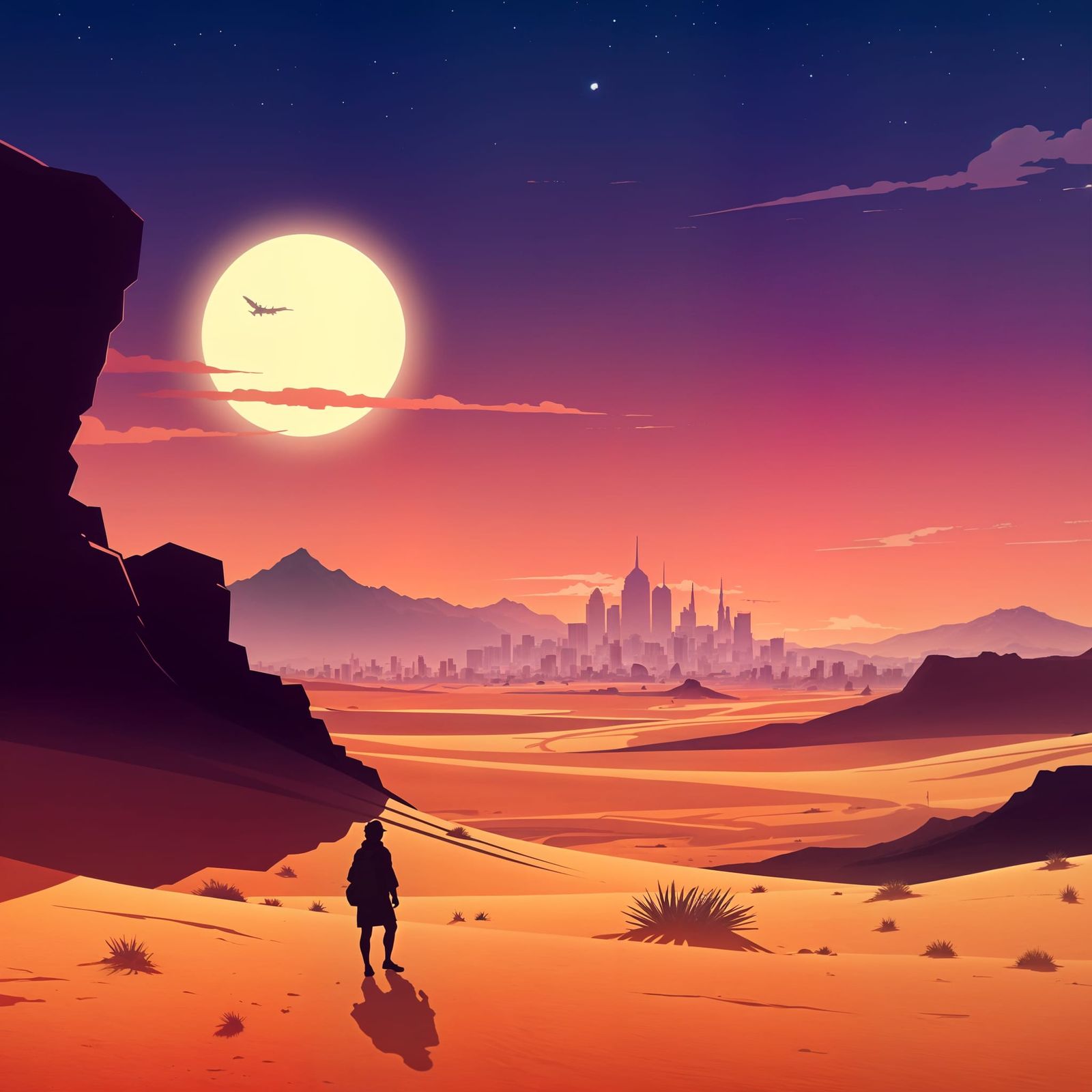 Cityscape at Sunset in a Desert Landscape