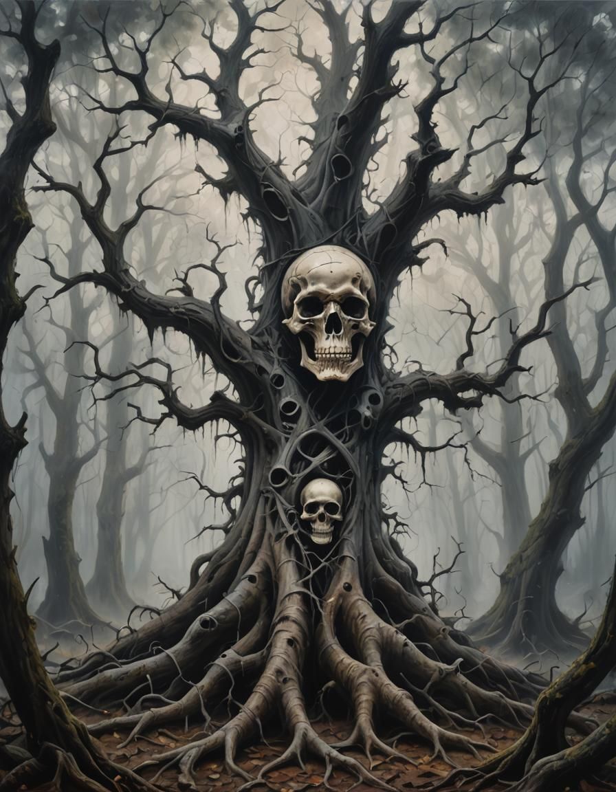Skull Tree in Misty Forest: Dark Surrealism
