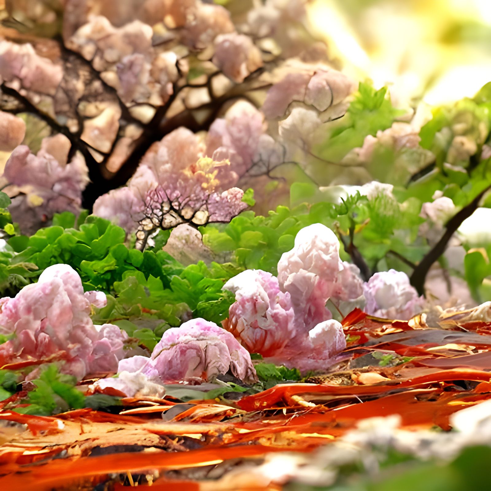 Cinematic Sakura Forest at Sunset in Photorealistic Style