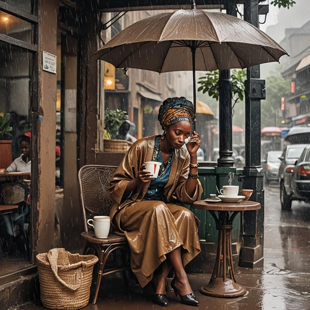 Elegant African Woman Enjoying Rainy Day Coffee
