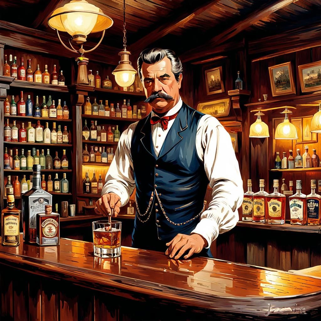 Bartender standing behind his bar pours a glass of whiskey in a western saloon
