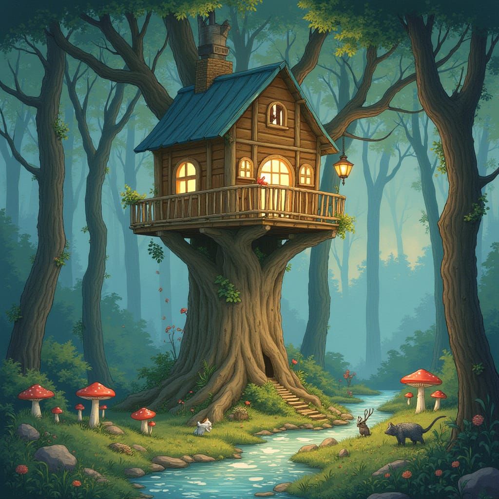 Enchanted Forest Treehouse: A Whimsical Pastel Scene