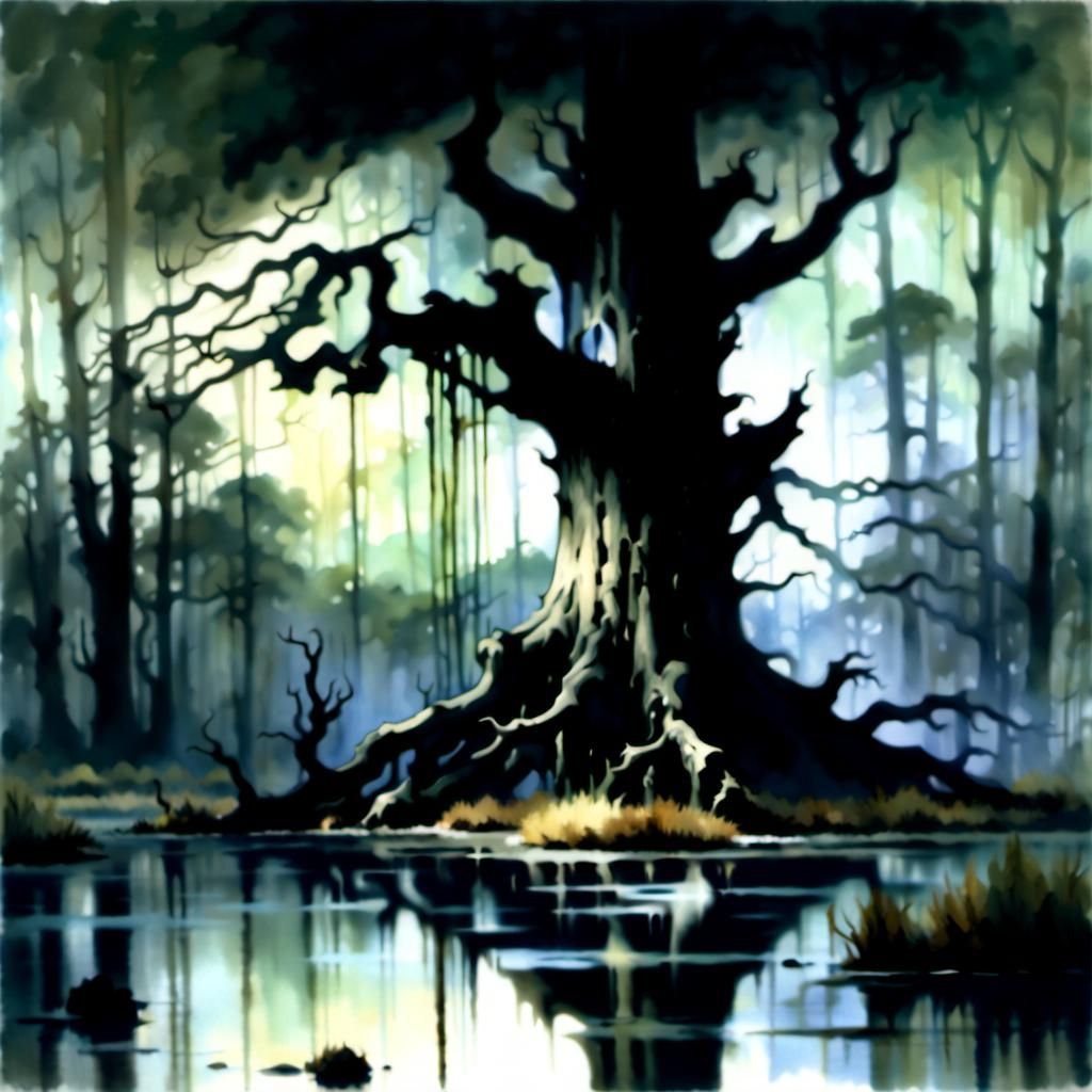 Rotten Tree in Dark Swamp: Aquarelle Horror