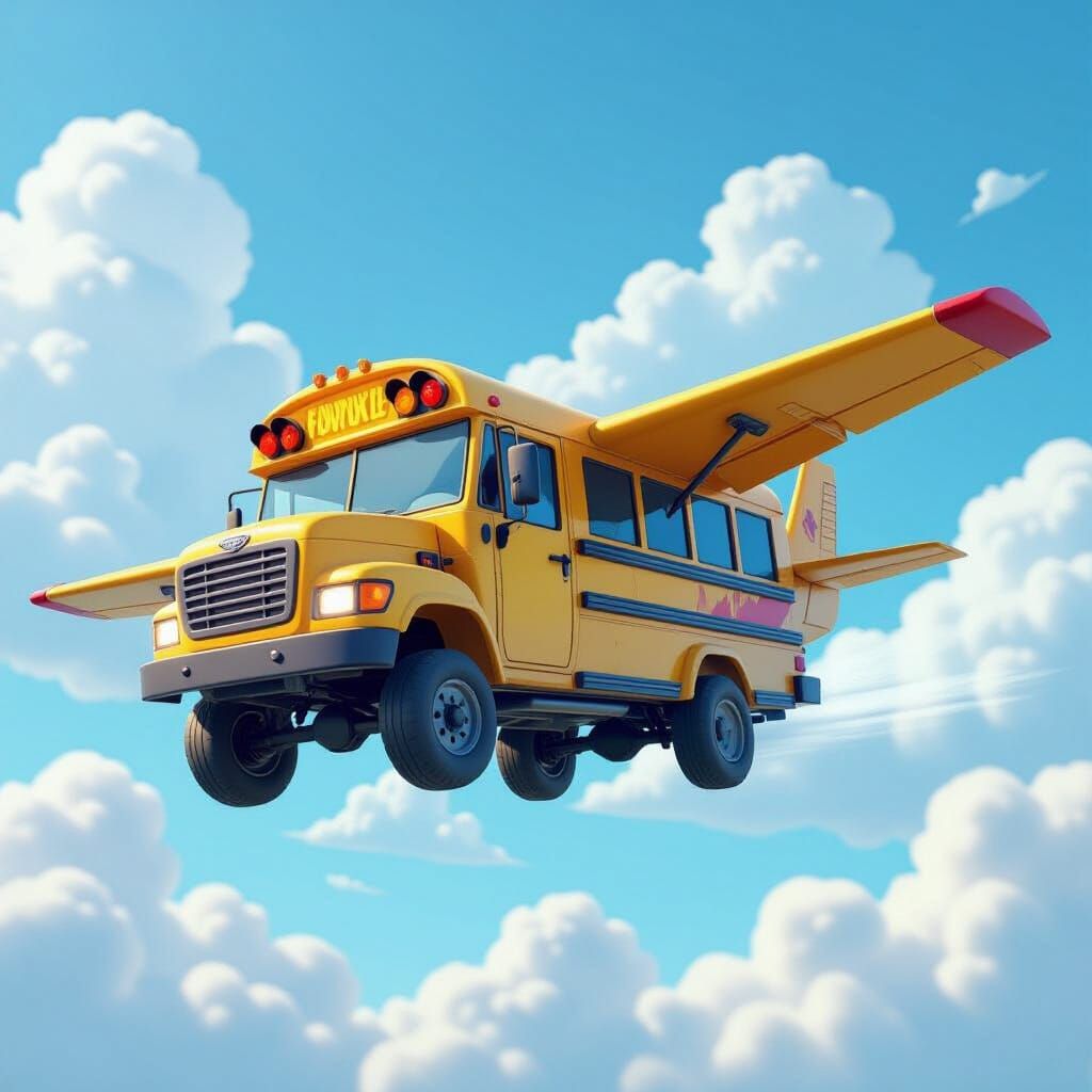 Fortnite Battle Bus Soars Through Cheerful Sky