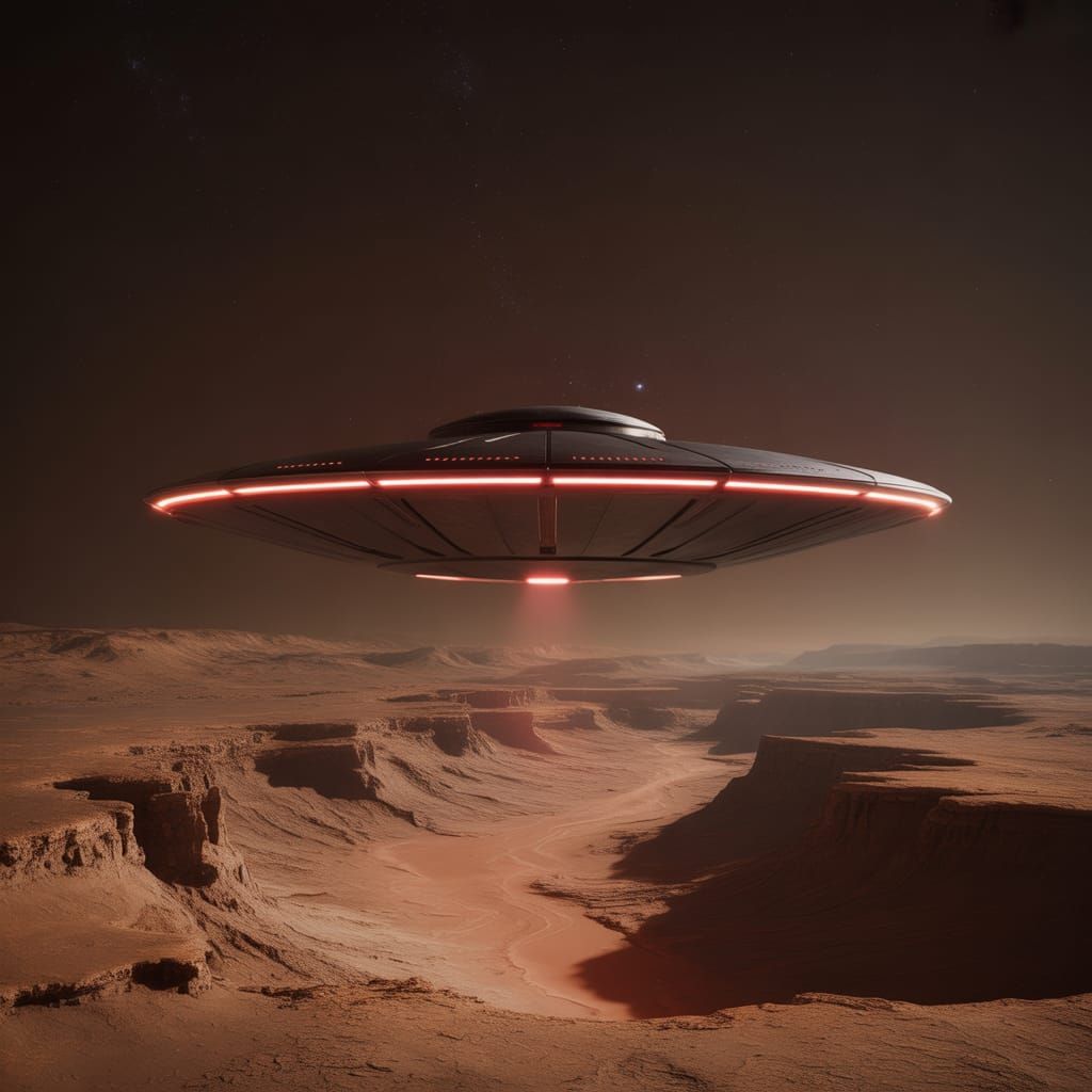 Black UFO Gliding Over Mars at Night