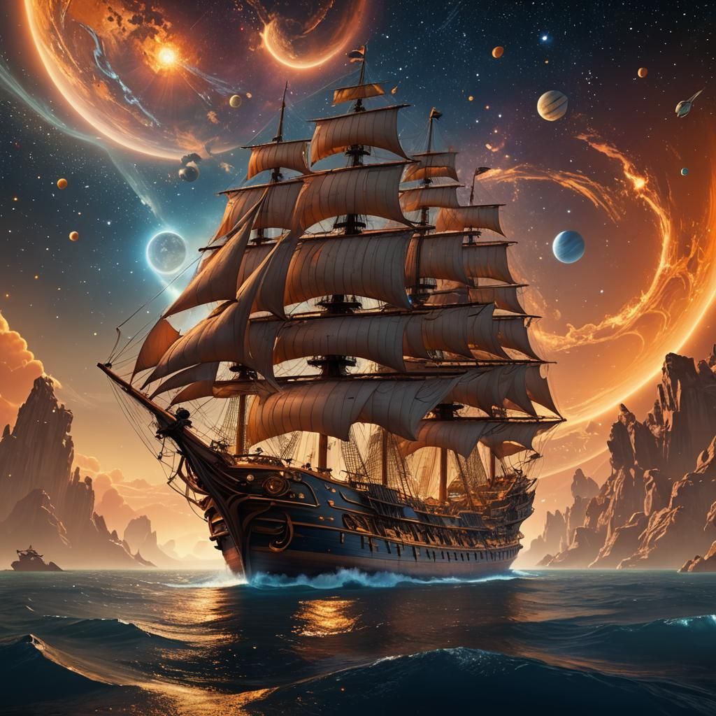 Sailing Ship Soaring Through Space in Digital Painting