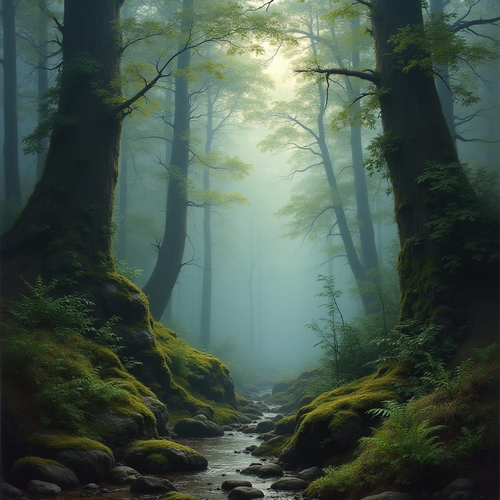 Misty Forest Scene in a Romantic Style
